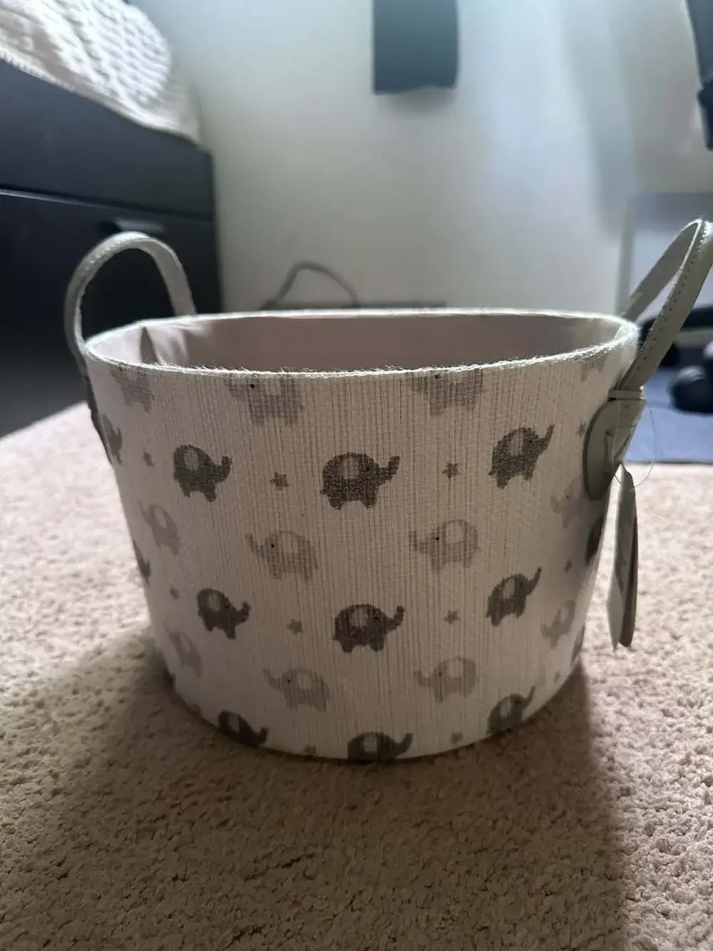 Little Dreamers Elephant Pattern Round Canvas Storage Basket with Faux Leather H